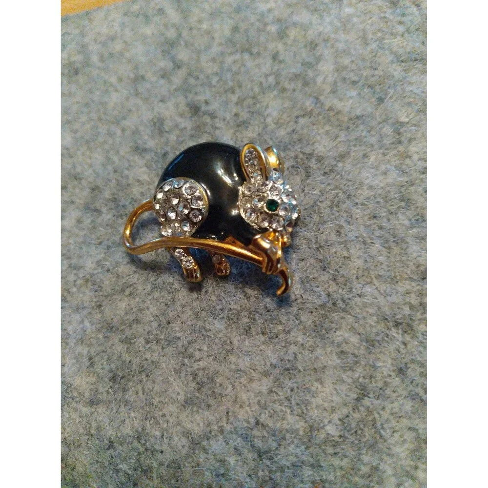 Vintage Crystal Mouse Brooch Pin Gold-Tone Black Enamel Rhinestone Animal Jewelr